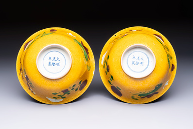 A rare pair of Chinese sancai yellow-ground 'Brinjal' bowls, Tianqi mark, 19th C.