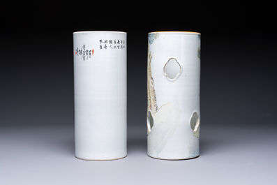 A fine Chinese qianjiang cai 'Tie Guaili' hat stand, signed Yu Huanwen 余煥文, Guanyao mark, dated 1893 and a 'Sages' hat stand, Tongzhi mark, 19th C.