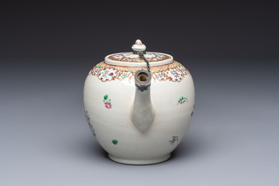 A Chinese famille rose 'Xi Xiang Ji' plate, a 'Rooster' saucer, and a 'Lowestoft' covered teapot, Yongzheng/Qianlong