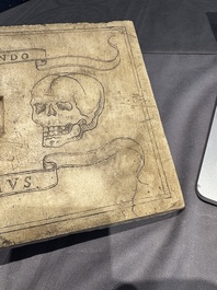 An Italian ecclesiastical marble altar plaque with 'Memento Mori' engraving, 19th C.
