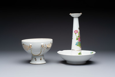 A Chinese famille rose 'Peacock' covered bowl, a candlestick and a stembowl, Guangxu mark and of the period, 19/20th C.