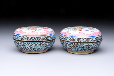 A pair of rare Chinese Canton enamel scent boxes, covers and inner liners, Qianlong