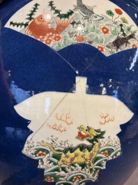 A Chinese famille verte blue-ground fishbowl with narrative design, 19th C.