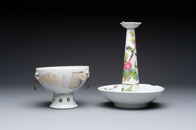 A Chinese famille rose 'Peacock' covered bowl, a candlestick and a stembowl, Guangxu mark and of the period, 19/20th C.