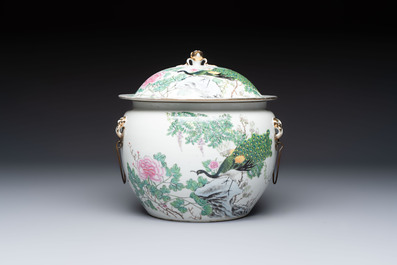 A Chinese famille rose 'Peacock' covered bowl, a candlestick and a stembowl, Guangxu mark and of the period, 19/20th C.