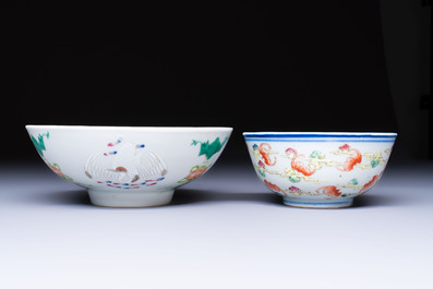 A Chinese famille rose 'Dragons' bowl and a 'Bats and Clouds' bowl, Tongzhi and Guangxu mark, 19th C.