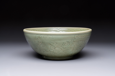 A large Chinese Longquan celadon 'Floral' bowl, Ming