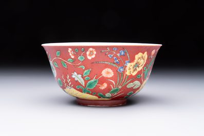 A Chinese falancai coral-red-ground bowl, Yongzheng mark, 18/19th C.