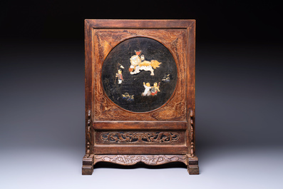 A Chinese huali and lacquer table screen embellished with stones and mother-of-pearl, Yongzheng mark, dated 1727, probably later.
