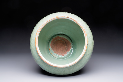 A fine large Chinese Longquan celadon 'Floral' jar, Ming