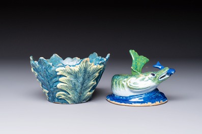 A rare polychrome Dutch Delft 'Pike' tureen and cover, 18th C.