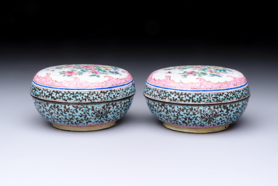 A pair of rare Chinese Canton enamel scent boxes, covers and inner liners, Qianlong