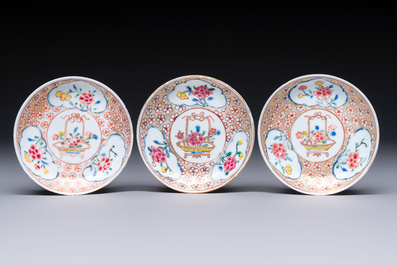 Six Chinese famille rose gilt-decorated 'Flower Basket' cups and saucers, Yongzheng/Qianlong
