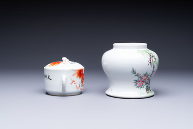 Two Chinese famille rose vases, two jars, a 'Lions' covered teapot and a Buddha, signed Mao Zirong 毛子榮 and Liu Jishun 劉吉順, 19/20th C.