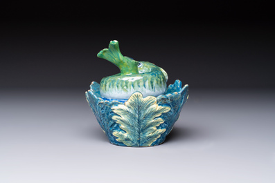 A rare polychrome Dutch Delft 'Pike' tureen and cover, 18th C.