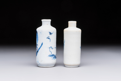 Two Chinese blue, white and copper-red snuff bottles with figural design, 19th C.