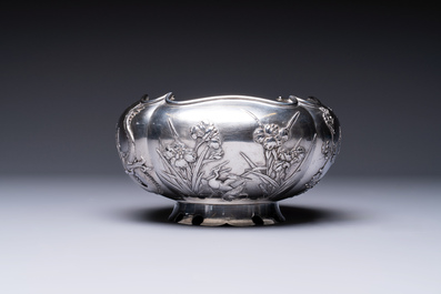 A fine Chinese silver bowl with relief dragon design on reticulated wooden stand, Tai Chang Long 泰昌隆 mark, 19th C.