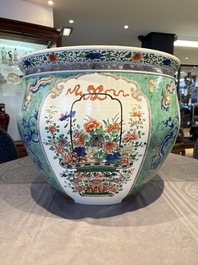 A large famille verte-style 'Flower Basket' scroll pot or fish bowl, Samson, Paris, 19th C.