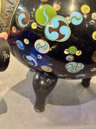 A fine Japanese cloisonn&eacute; tripod censer and cover with a mythical-animal-form finial, Meiji, 19th C.