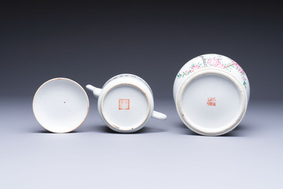 Two Chinese famille rose vases, two jars, a 'Lions' covered teapot and a Buddha, signed Mao Zirong 毛子榮 and Liu Jishun 劉吉順, 19/20th C.