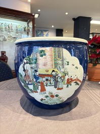 A Chinese famille verte blue-ground fishbowl with narrative design, 19th C.
