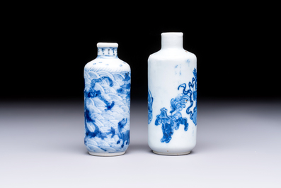 A Chinese blue and white 'Mythical Animals' snuff bottle and a 'Buddhist Lions' snuff bottle, 19th C.