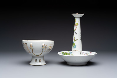 A Chinese famille rose 'Peacock' covered bowl, a candlestick and a stembowl, Guangxu mark and of the period, 19/20th C.