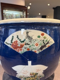 A Chinese famille verte blue-ground fishbowl with narrative design, 19th C.