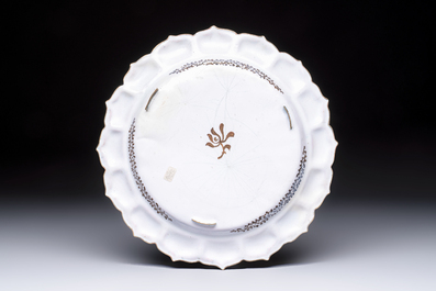 A Chinese Canton enamel flower-shaped 'Three Star Gods' plate, Qianlong