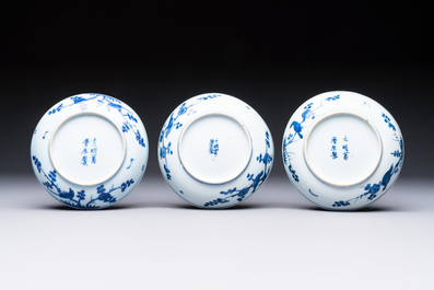 Five Chinese blue and white 'Phoenix' saucers, Wanli mark and of the period