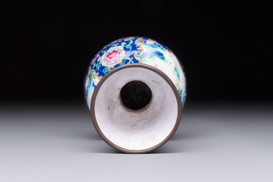 A fine Chinese Canton enamel blue-ground vase with two bunnies, Qianlong