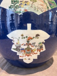 A Chinese famille verte blue-ground fishbowl with narrative design, 19th C.