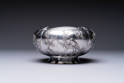 A fine Chinese silver bowl with relief dragon design on reticulated wooden stand, Tai Chang Long 泰昌隆 mark, 19th C.
