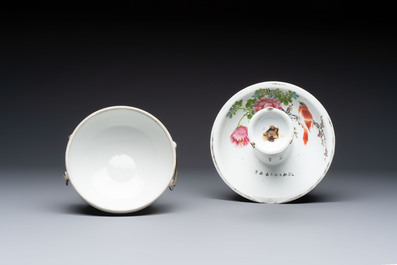 A Chinese famille rose 'Peacock' covered bowl, a candlestick and a stembowl, Guangxu mark and of the period, 19/20th C.