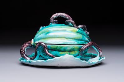 A very rare Brussels faience melon-shaped tureen and cover on stand, 18th C.