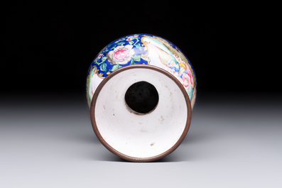 A fine Chinese Canton enamel blue-ground vase with a romantic scene, Qianlong