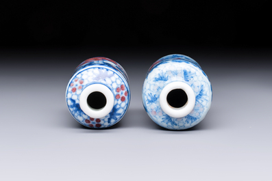 Two Chinese blue, white and copper-red snuff bottles with narrative design, Yongzheng and flower mark, 19th C.