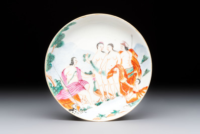 A Chinese famille rose 'Judgement of Paris' cup and saucer, Qianlong