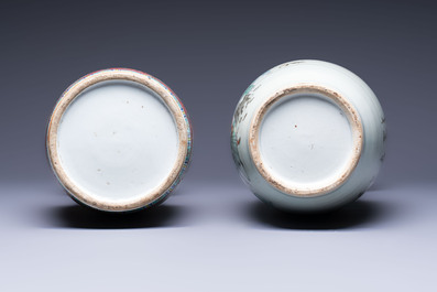 Two Chinese famille rose vases, two jars, a 'Lions' covered teapot and a Buddha, signed Mao Zirong 毛子榮 and Liu Jishun 劉吉順, 19/20th C.