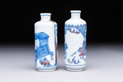 Two Chinese blue, white and copper-red snuff bottles with narrative design, 19th C.