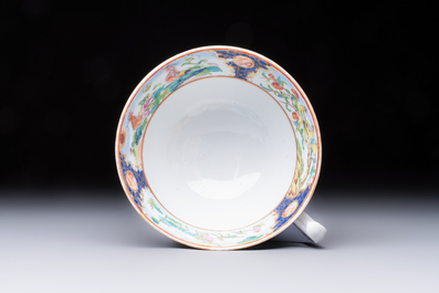A highly unusual Chinese Canton famille rose cup and saucer, 19th C.