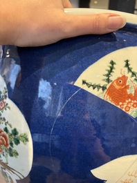 A Chinese famille verte blue-ground fishbowl with narrative design, 19th C.