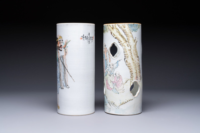 A fine Chinese qianjiang cai 'Tie Guaili' hat stand, signed Yu Huanwen 余煥文, Guanyao mark, dated 1893 and a 'Sages' hat stand, Tongzhi mark, 19th C.