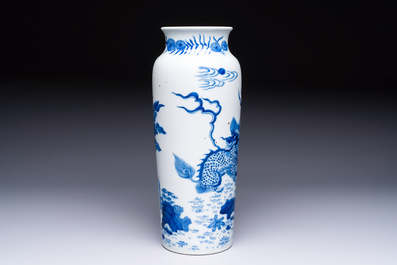 A rare Chinese blue and white 'Qilin' sleeve vase, 19th C.