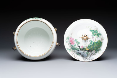 A Chinese famille rose 'Peacock' covered bowl, a candlestick and a stembowl, Guangxu mark and of the period, 19/20th C.