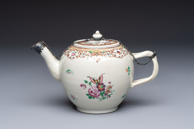 A Chinese famille rose 'Xi Xiang Ji' plate, a 'Rooster' saucer, and a 'Lowestoft' covered teapot, Yongzheng/Qianlong