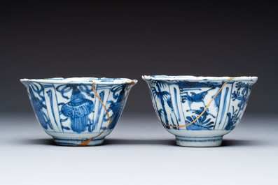 Two Chinese blue and white bowls and a 'Qilin' plate, Wanli/Transitional period