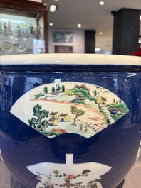 A Chinese famille verte blue-ground fishbowl with narrative design, 19th C.