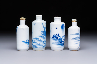 Four Chinese blue and white snuff bottles, 19th C.