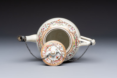 A Chinese famille rose 'Xi Xiang Ji' plate, a 'Rooster' saucer, and a 'Lowestoft' covered teapot, Yongzheng/Qianlong